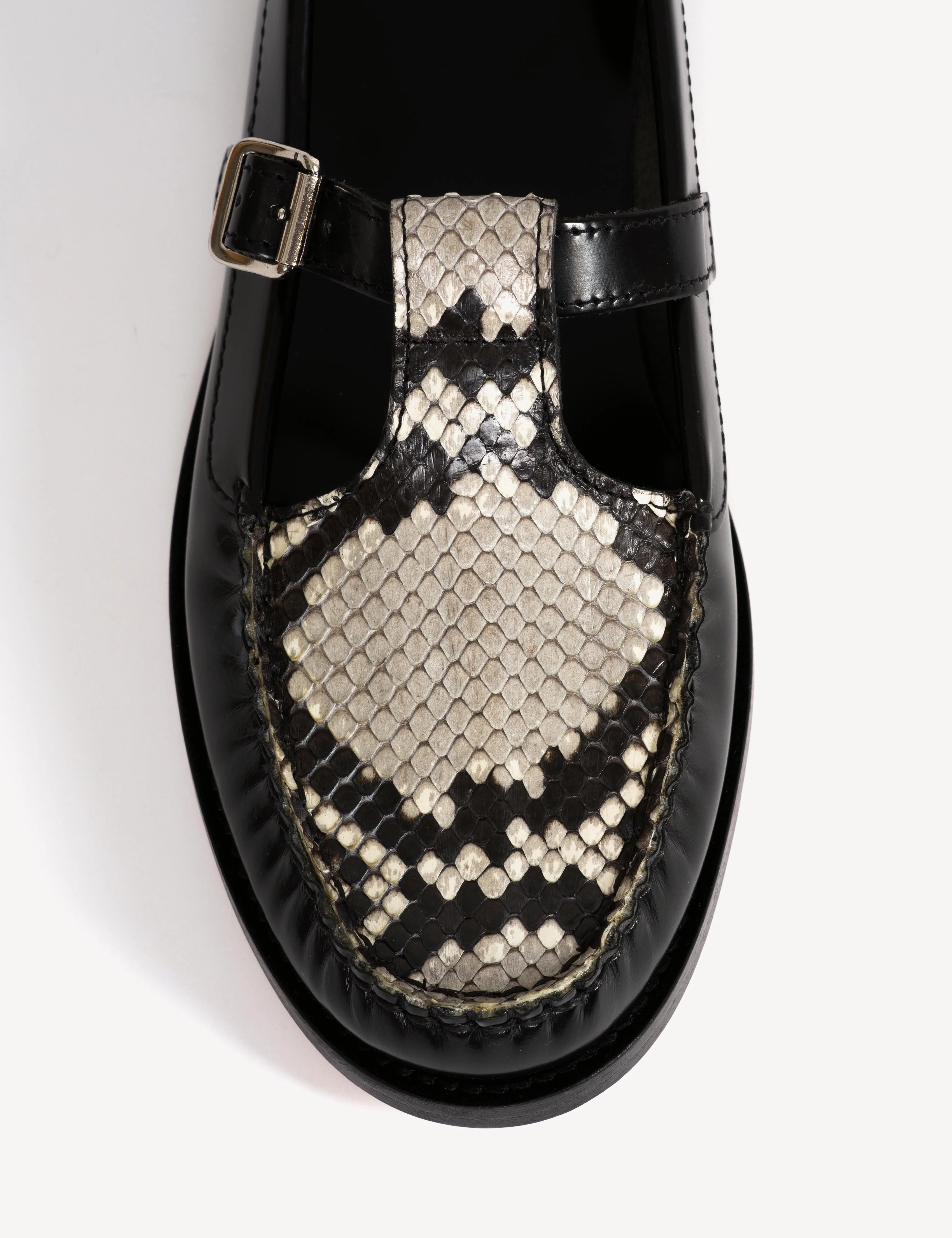 Moccasin T-Bar Loafer In Black Polido Leather And Python Skin - Image 6